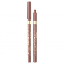 Waterproof lip liner in a soft brown shade, featuring a slim pencil design with a gold accent, labeled "Eveline Cosmetics Variété" and marked as 9 ml.