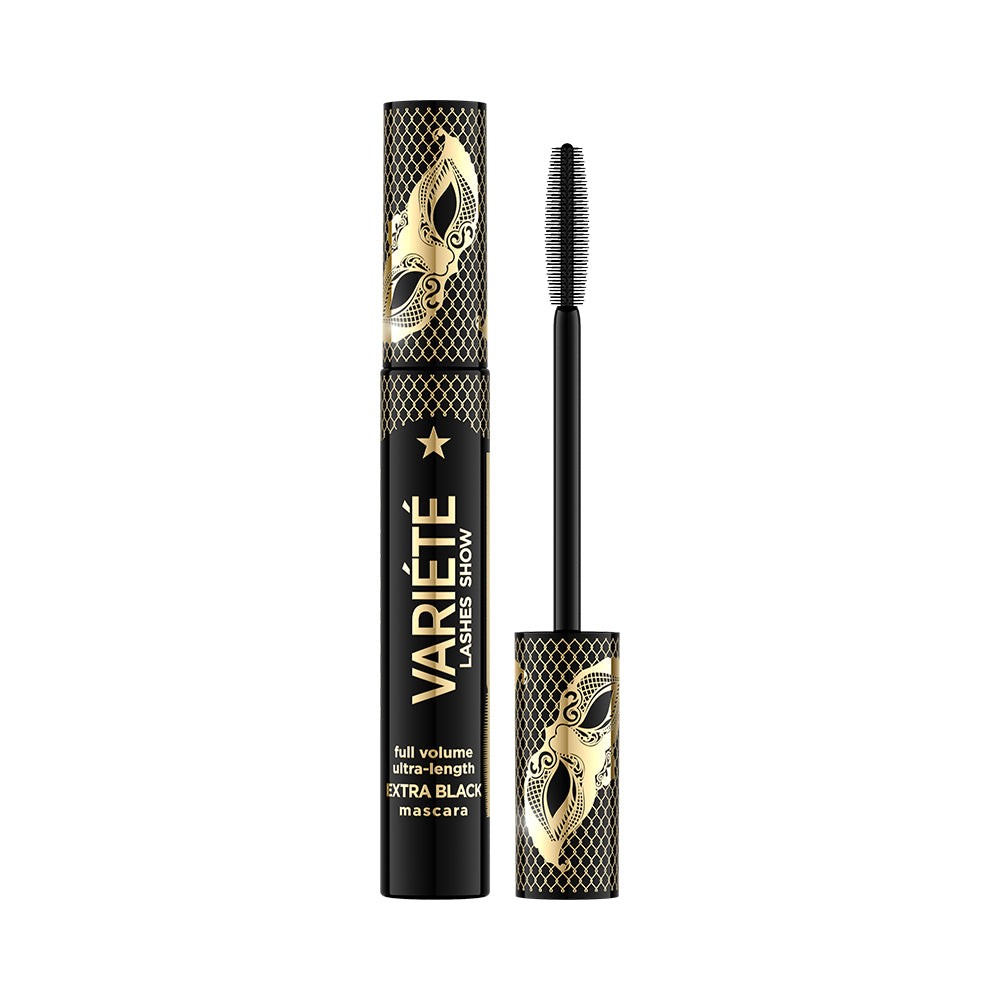 Black mascara tube with gold accents and a decorative mask design, featuring a tapered brush for volumizing and lengthening lashes, labeled "VARIÉTÉ LASHES SHOW."