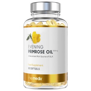 Clear plastic bottle containing 180 softgel capsules of Evening Primrose Oil, labeled with a yellow flower, featuring a white and gold design, highlighting high strength GLA for women.