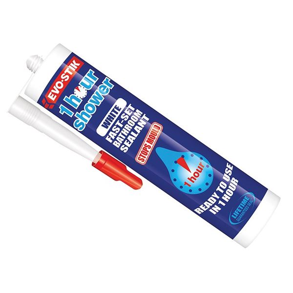 Evo-Stik 1 Hour Shower Sealant in a 310ml white tube, featuring a red nozzle and blue label highlighting quick-setting and waterproof properties.