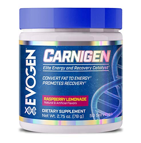 White container with a blue lid, labeled "Evogen Carnigen" in bold letters, featuring a raspberry lemonade flavor and details about energy and recovery, 50 servings, 2.75 oz.