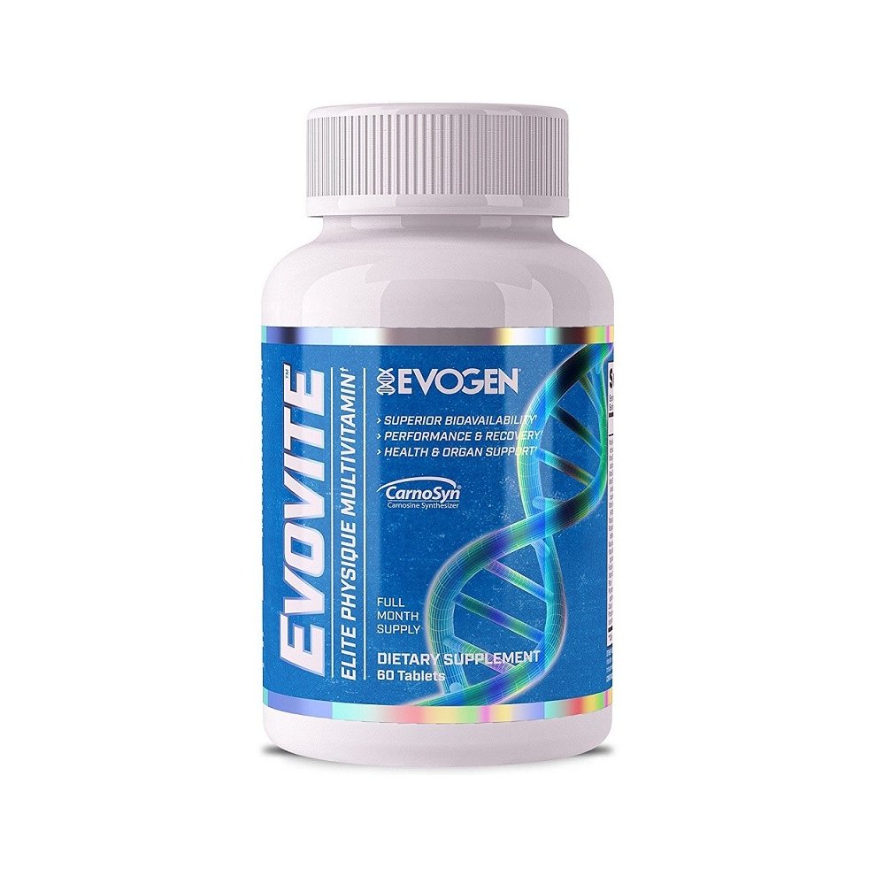 White bottle with a blue label featuring "Evovite" in bold letters, highlighting dietary supplement, with a DNA strand graphic and 60 tablets indicated on the label.