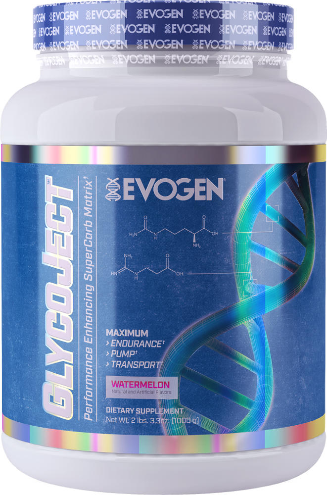 White container with a blue and silver label featuring "GLYCOJECT" and "WATERMELON" in bold, showcasing a DNA graphic and nutritional information.