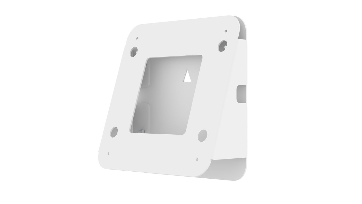 White wall mount for the Evoko Liso, featuring a square design with rounded corners, a central cutout, and four mounting holes for easy installation.