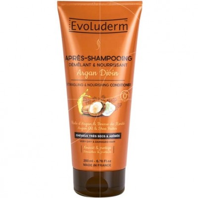 Evoluderm Argan Divin Detangling & Nourishing Conditioner in a 200 ml orange tube, featuring a flip-top cap and images of argan nuts, designed for dry and damaged hair.