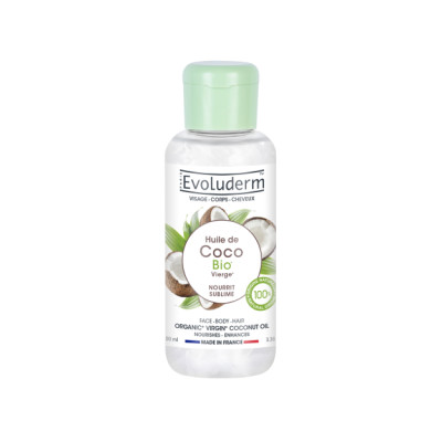 Clear plastic bottle of Evoluderm Coconut Oil, 100 ml, featuring a light green cap, with a label displaying "Huile de Coco Bio" and coconut imagery.