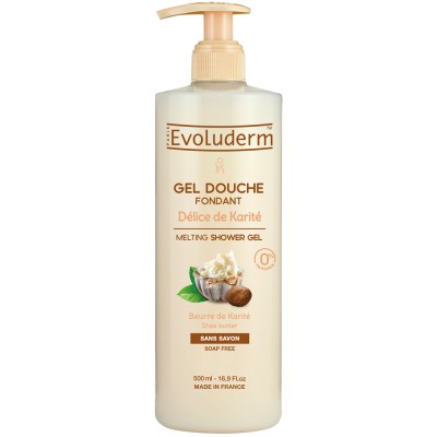 500 ml bottle of Evoluderm Shea Butter Shower Gel, featuring a creamy beige color, pump dispenser, and images of shea nuts and butter on the label, with "soap-free" highlighted.