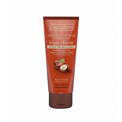 Evoluderm Argan Oil & Shea Hair Mask in a 150 ml brown tube with a flip-top cap, featuring a label with white and green text and images of argan nuts and shea butter.