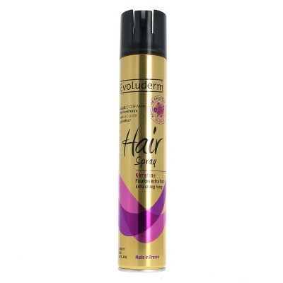 Evoluderm Ultra Strong Fixing Keratin Hairspray in a 300 ml gold and purple canister, featuring a black nozzle and elegant branding, designed for strong hold and shine.