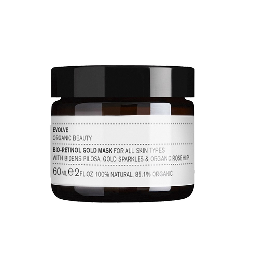 Evolve Bio-Retinol Gold Mask in a dark glass jar, featuring a white label with black text, contains 60 ml of organic skincare product with gold sparkles.