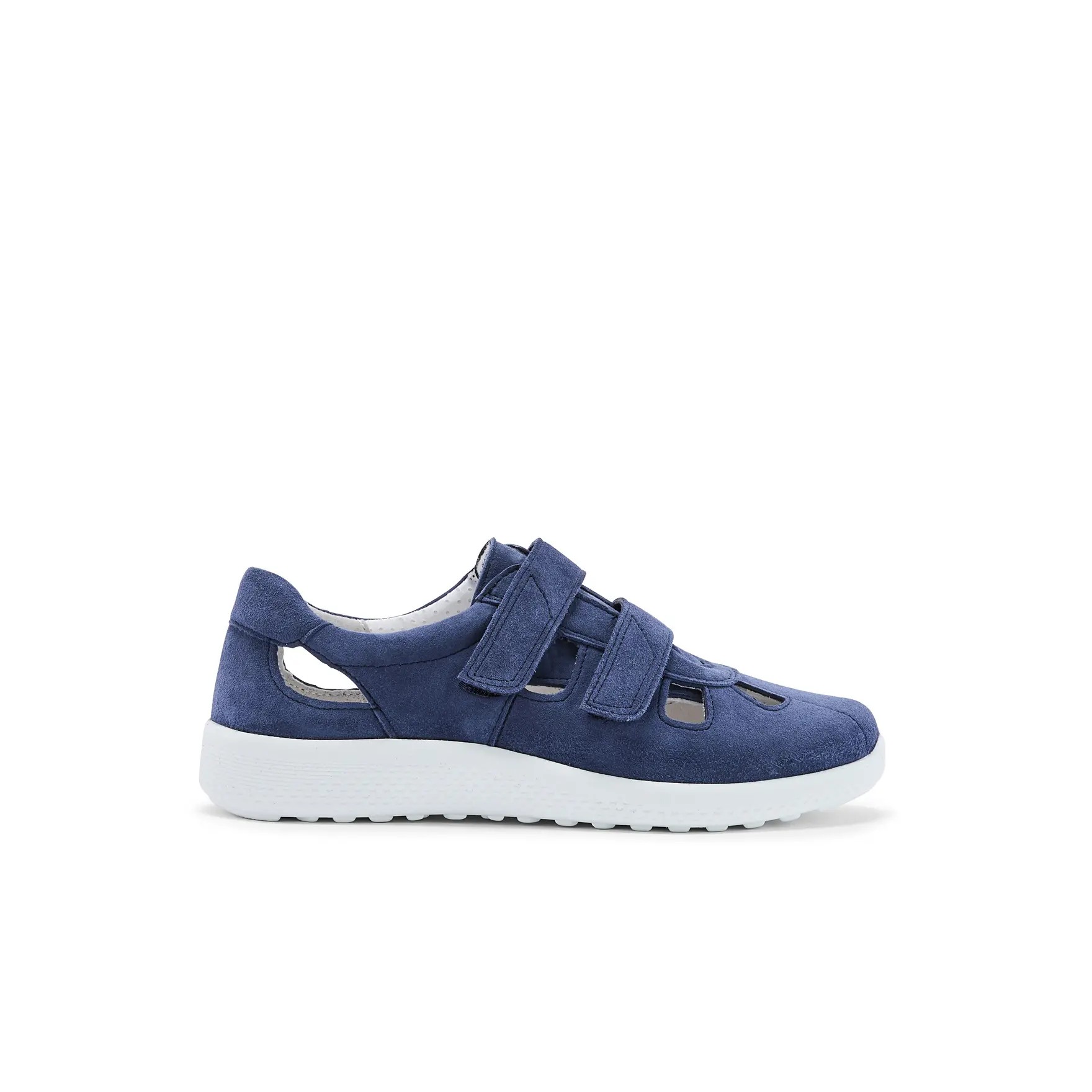 Blue perforated leather sneakers with double Velcro straps and a white rubber sole, designed for women by Pédiconfort.