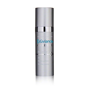 Silver cylindrical bottle with a pump dispenser, labeled "Exuviance AGE REVERSE Eye Contour," featuring Maltobionic Acid and Caffeine, designed for anti-aging eye care.