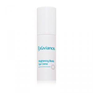 White cylindrical tube with a pump dispenser, labeled "Exuviance Bright Eyes Dark Circle Corrector," featuring blue text and a minimalist design, 0.5 oz size.