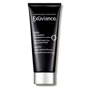 Black tube featuring the Exuviance logo, labeled "Detox Mud Treatment," with a sleek design, showcasing 3 oz size and key ingredients like active charcoal and clay.
