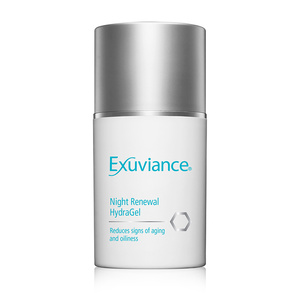 White cylindrical bottle with a silver cap, labeled "Exuviance Night Corrector," designed for oily and blemish-prone skin, featuring a light blue logo and text.