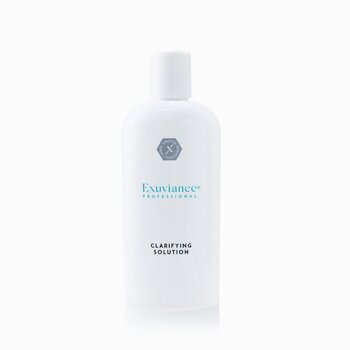White bottle with a sleek design, featuring a blue "Exuviance" logo and "Clarifying Solution" label, designed for oily skin, 100ml/3.4oz capacity.