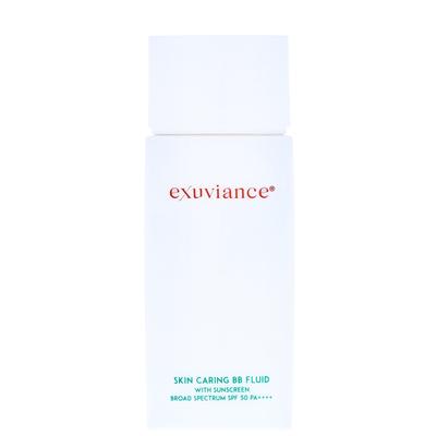 White bottle with a sleek design, featuring the Exuviance logo in red, labeled "Skin Caring BB Fluid with Sunscreen Broad Spectrum SPF 50" in green text, 50ml size.