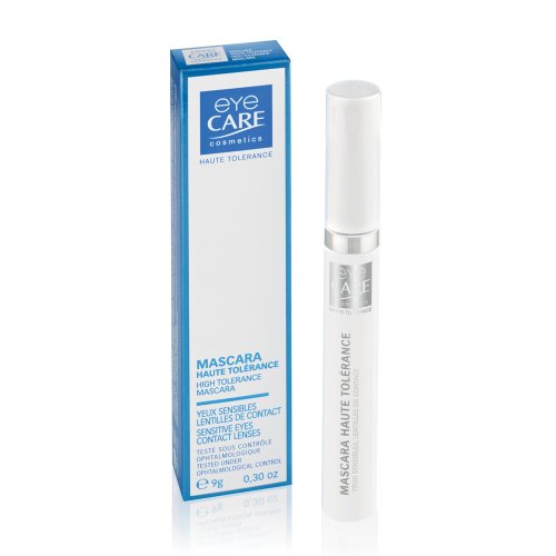 High tolerance brown mascara in a sleek white tube, accompanied by a blue and white box, designed for sensitive eyes and contact lens wearers.