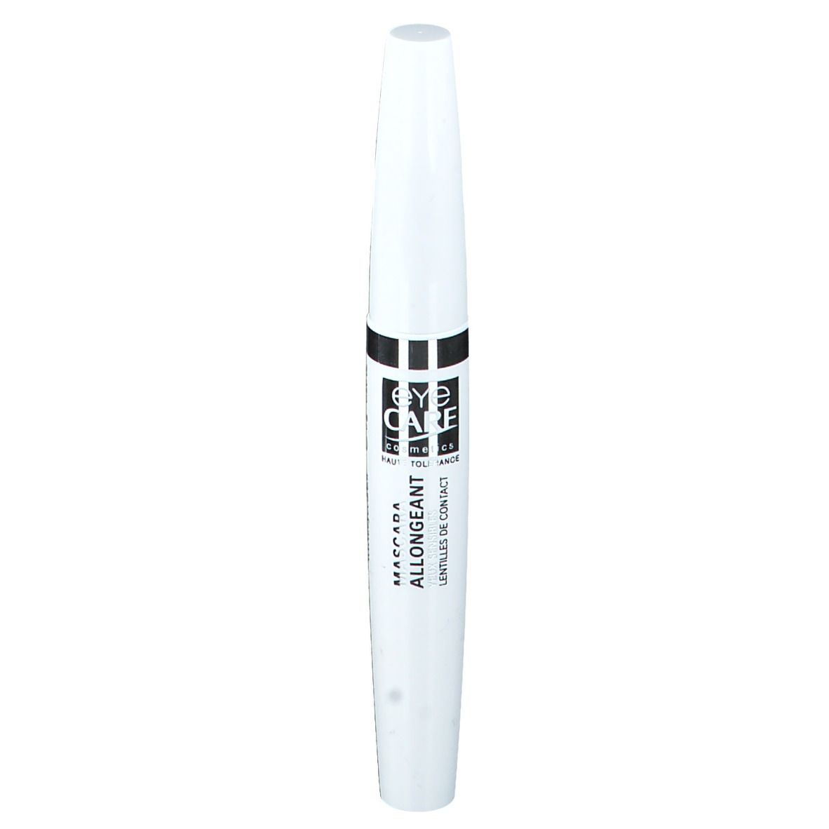 Eye Care Mascara Allongeant in Ash Grey features a sleek white tube with black text, designed for enhancing lash length and volume.