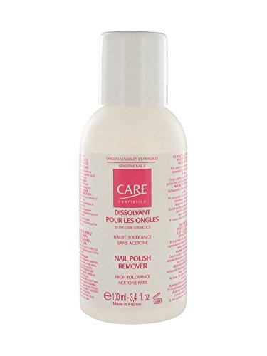 White bottle with a rounded shape, labeled in French and English, containing 100ml of acetone-free nail polish remover, featuring a screw cap and a simple, clean design.