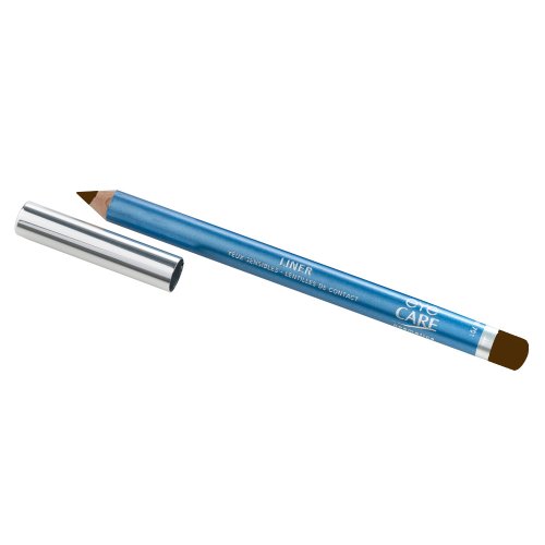 Brown eye care pencil liner with a wooden body and a metallic silver cap, featuring a smooth tip for easy application.