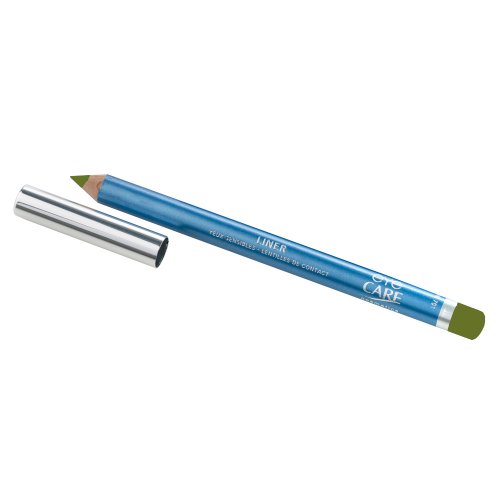 Olive green pencil eyeliner with a shiny silver cap, featuring a blue and white label that reads "Eye Care Cosmetics" and "Liner."