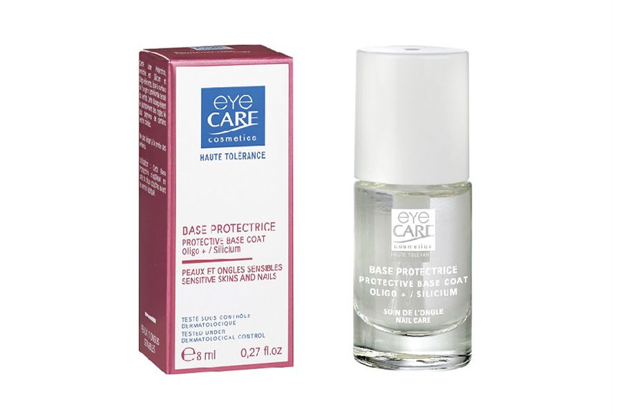 Protective base coat in a clear glass bottle with a white cap, accompanied by a pink and white box, labeled "Eye Care Cosmetics Protective Base 8ml."