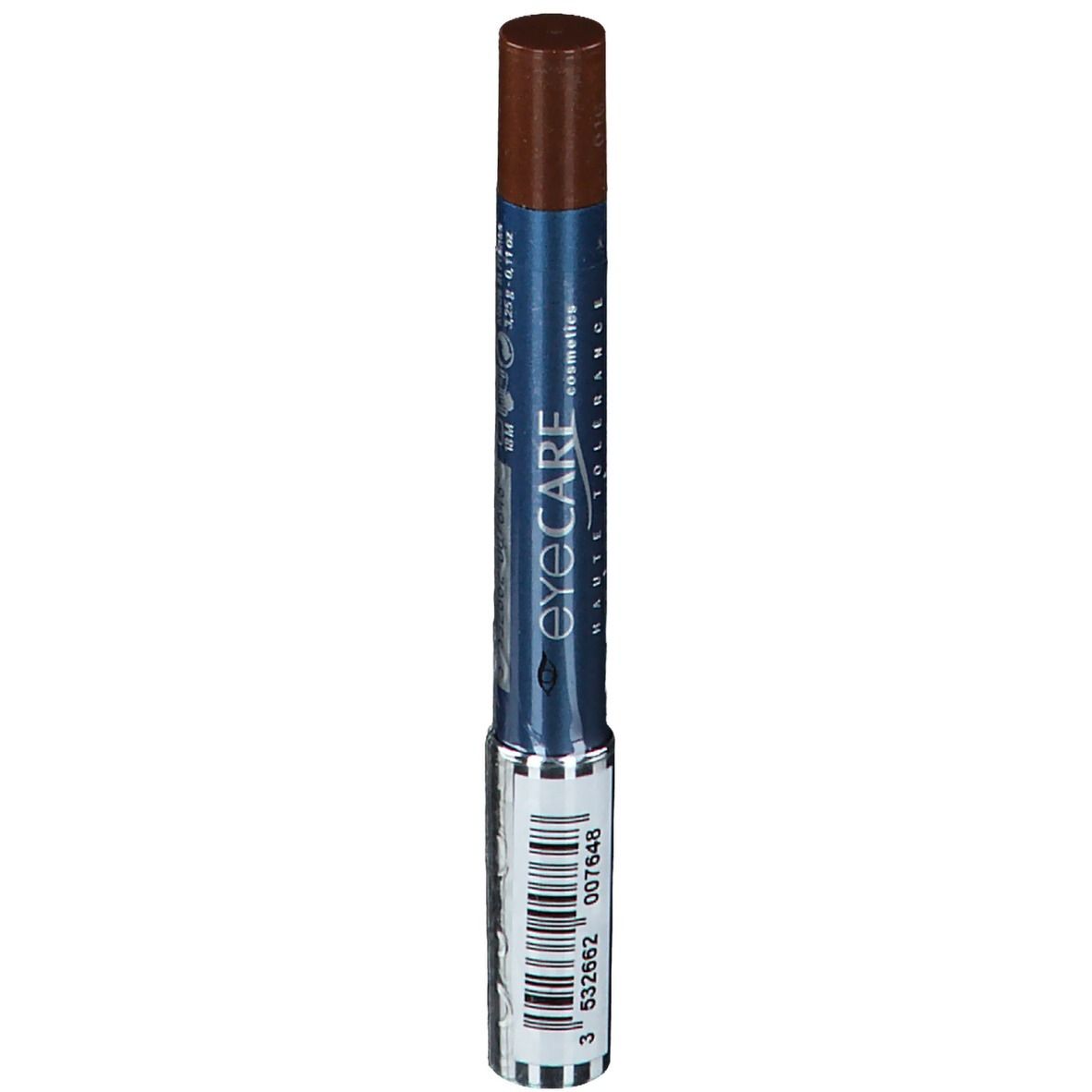 Waterproof eyeshadow pencil in a deep brown shade with a sleek blue and silver design, featuring a twist-up applicator for easy use.