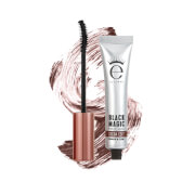 Cocoa Edit mascara in a sleek silver tube with a black wand, featuring a rich brown formula, set against a swirled brown background.