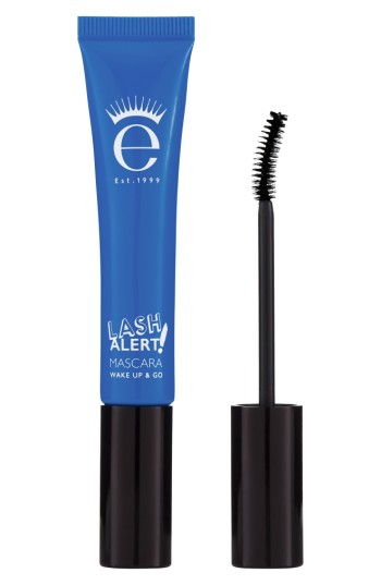 Bright blue tube with white text labeled "LASH ALERT! MASCARA" and a black wand featuring a bristle brush, showcasing the Eyeko Lash Alert Mascara in black.