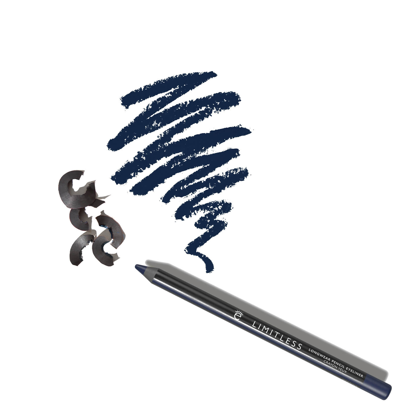 Dark navy blue pencil eyeliner with a sleek, metallic finish, featuring the word "LIMITLESS" and a swatch of the same color beside it, along with pencil shavings.