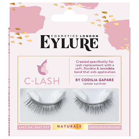 Eylure C-Lash false lashes with a self-adhesive band, featuring soft, flexible black fibers, packaged in a pink and white box with gold accents and included gentle glue.