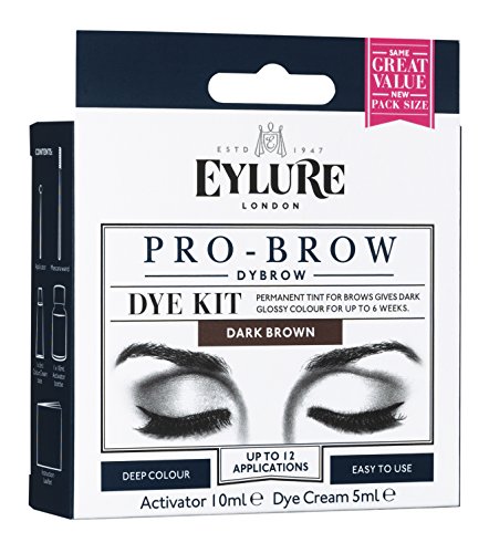 Eylure Dybrow Brown Tint kit featuring a white and black box with dark brown accents, includes a 10ml activator and 5ml dye cream, designed for easy brow tinting.
