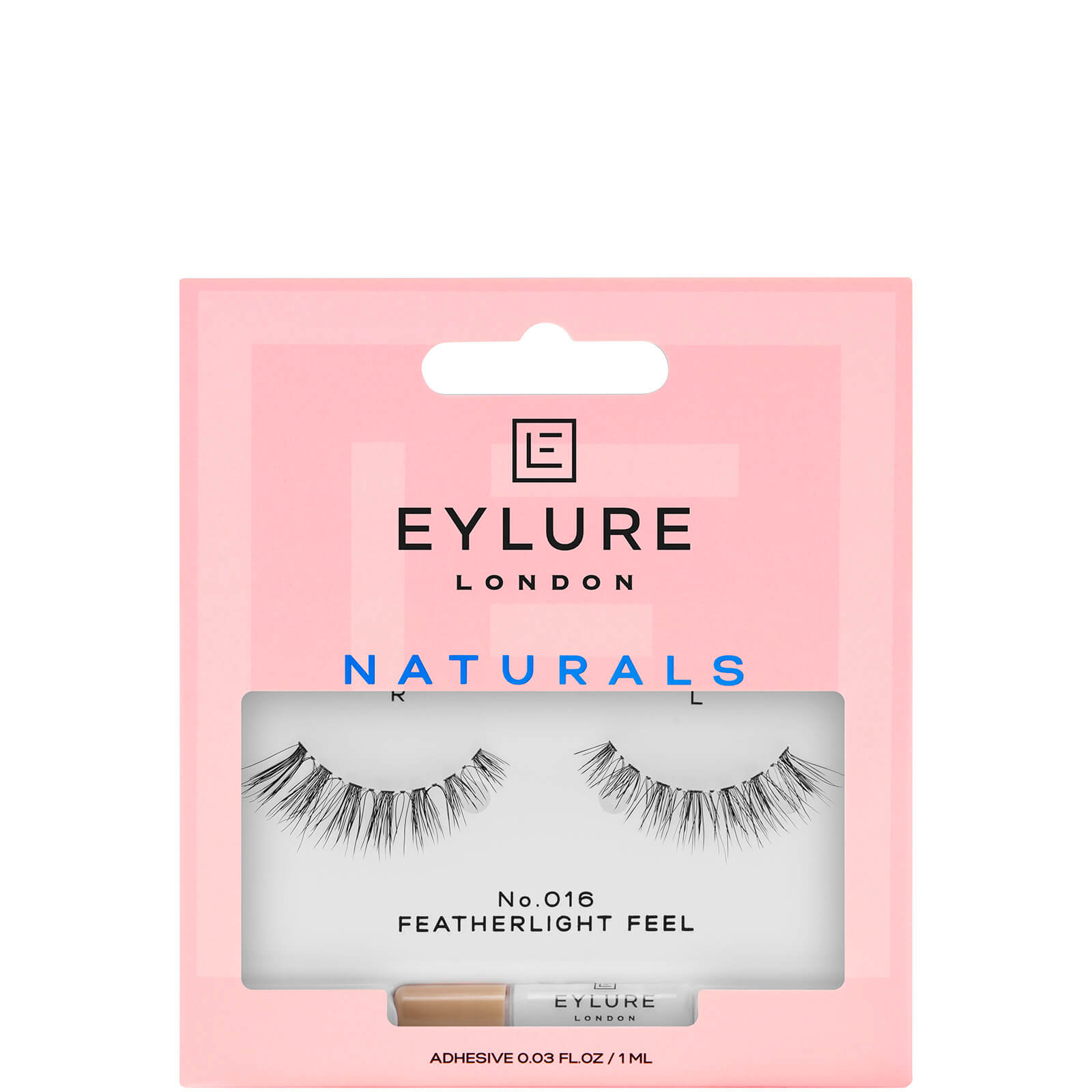 Eylure Naturals Lashes 016 in a pink packaging, featuring two pairs of black, feathery lashes with a lightweight feel, accompanied by a small adhesive tube.