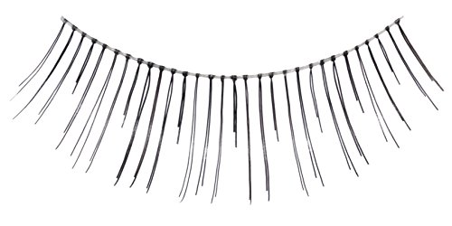 Black false eyelashes featuring long, thin strands with varying lengths for a dramatic effect, designed for easy application and a bold look.