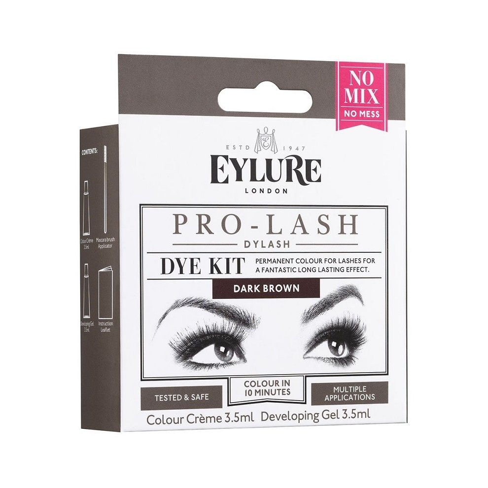 Eylure Pro Lash Dylash Brown kit featuring a sleek black and white box with a model's eyes on the front, indicating dark brown permanent lash dye for multiple applications.