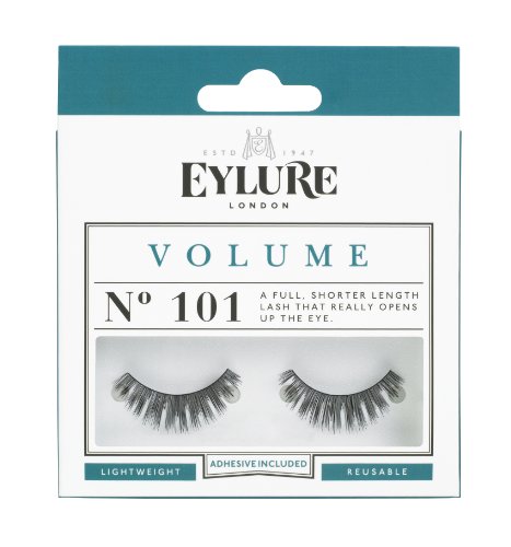 Black handmade false eyelashes in a clear plastic packaging, labeled "Eylure Volume No 101," featuring a lightweight design and reusable quality, with adhesive included.
