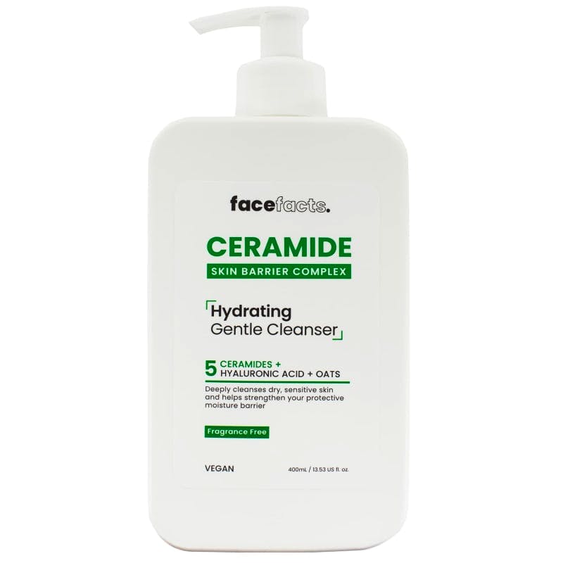 White pump bottle labeled "Face Facts Ceramide Hydrating Cleanser 200 Ml" with green text, featuring a clean design and highlighting key ingredients like ceramides and hyaluronic acid.