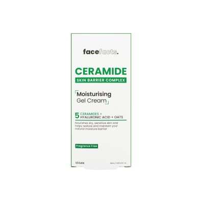 Face Facts Ceramide Repairing Serum Cream and Moisturising Gel Cream set, featuring a green and white box with product details, highlighting ceramides, hyaluronic acid, and oats.