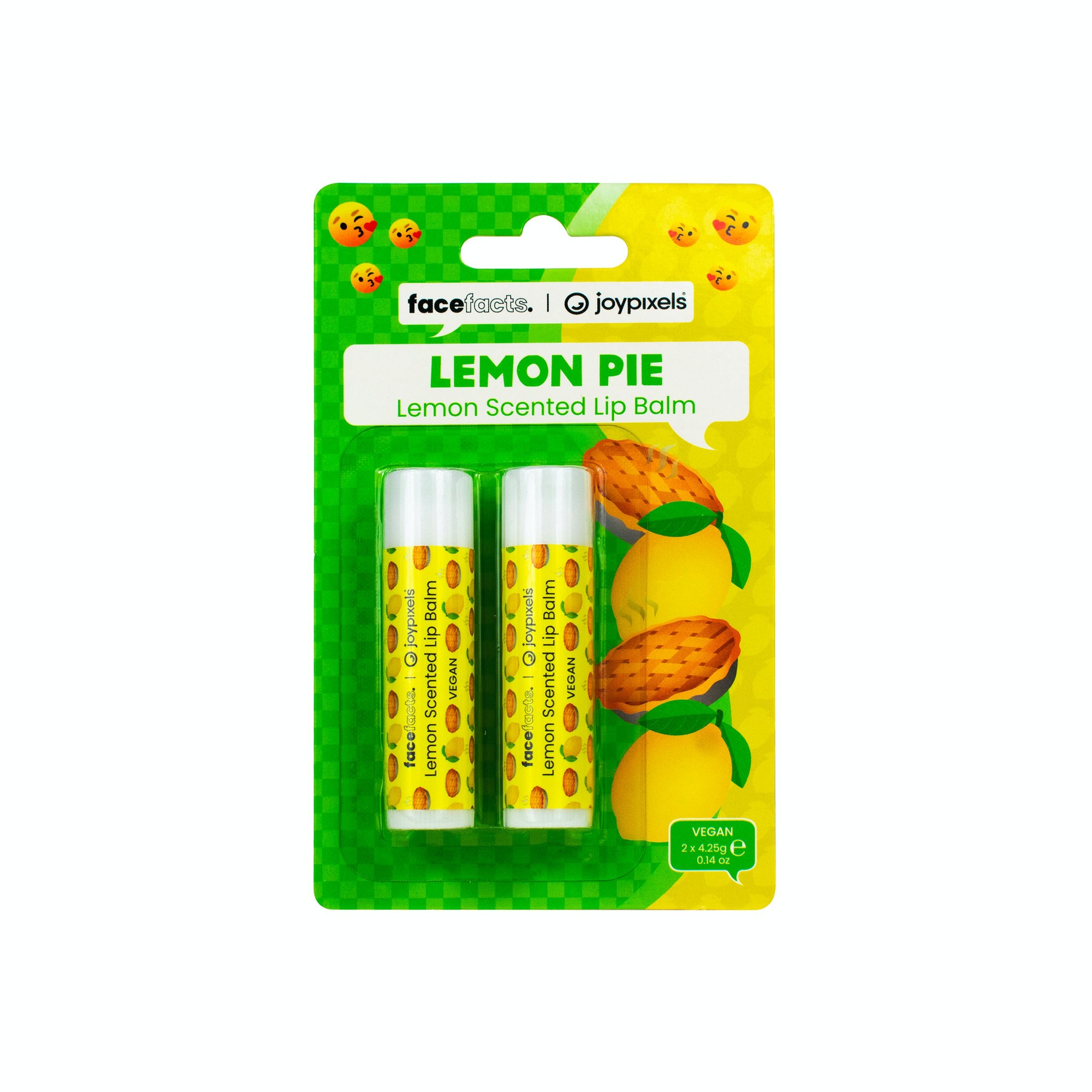 Two tubes of lemon pie scented lip balm in a vibrant green packaging, featuring playful lemon graphics and the text "LEMON PIE" prominently displayed.