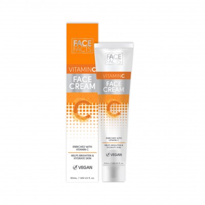 Bright orange and white packaging featuring "Face Facts Vitamin C Brightening Jelly Cleanser" and "Face Cream," with a 150 ml cleanser and a 50 ml cream, both labeled vegan.