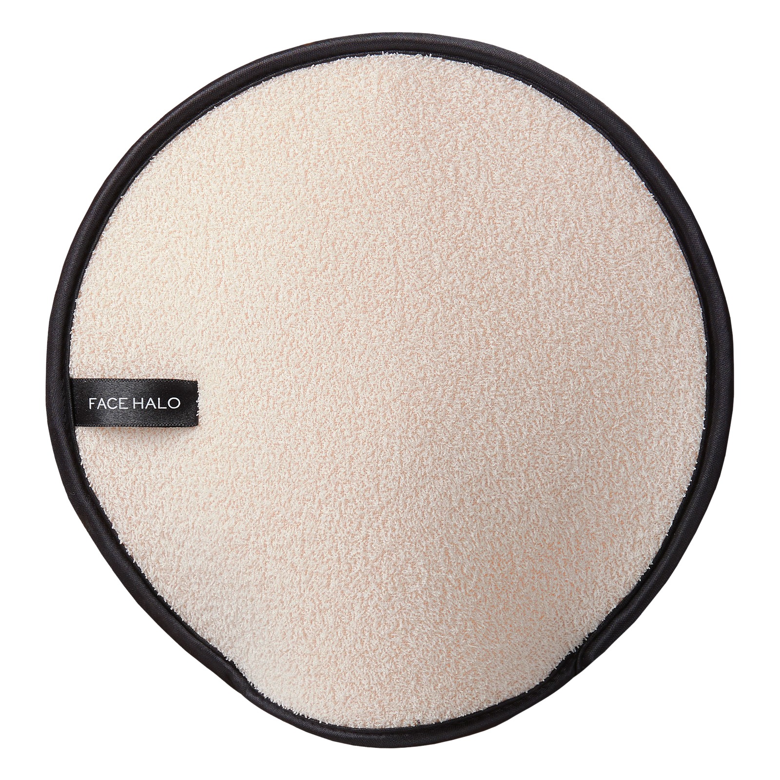 Round exfoliator in black and beige, featuring a soft, plush surface with a black edge and a small label reading "FACE HALO," designed for body skin care.