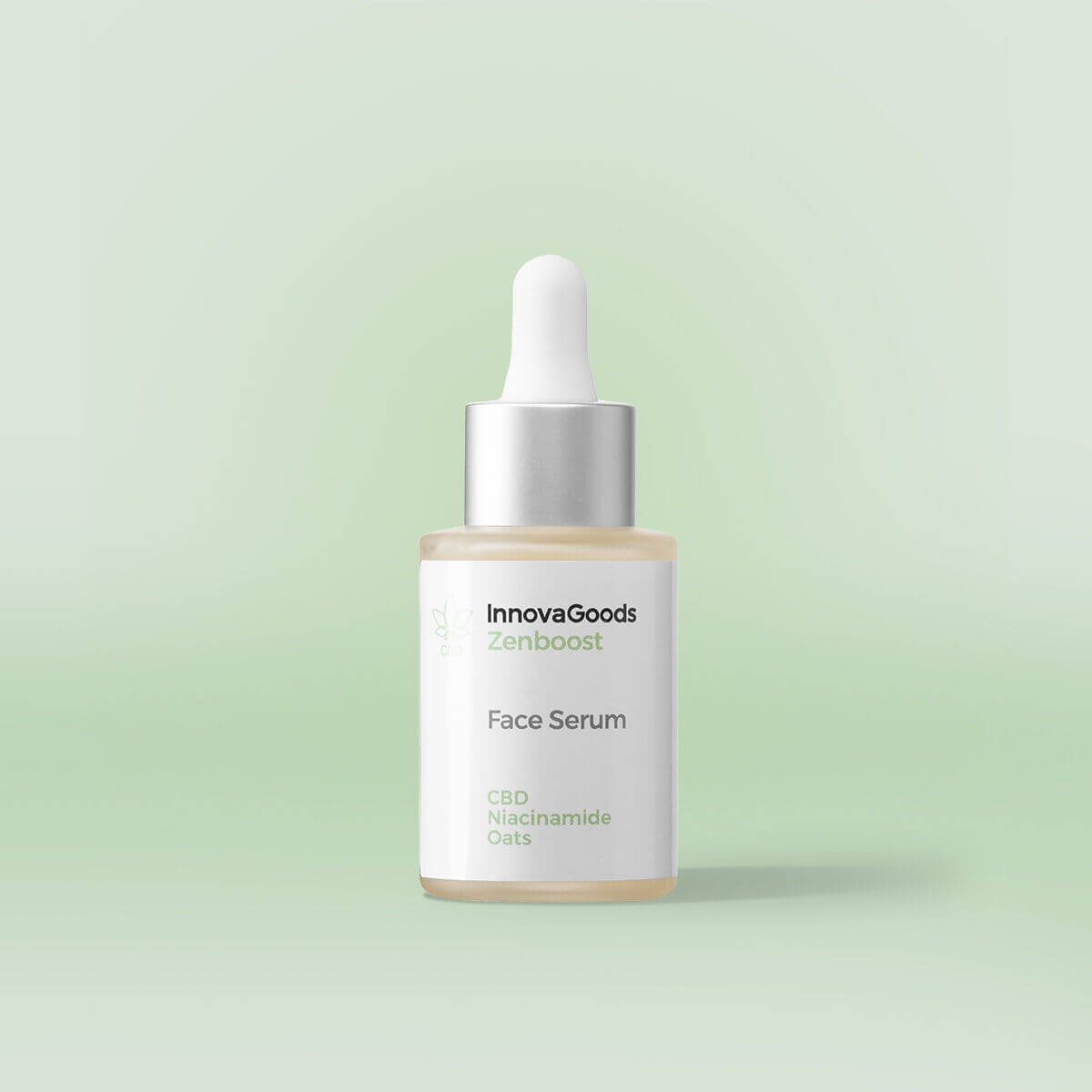 Clear glass bottle with a silver cap, containing a light yellow face serum labeled "InnovaGoods Zenboost" with ingredients listed as CBD, Niacinamide, and Oats.