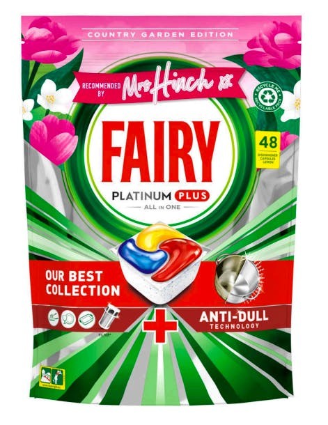 Bright green packaging featuring pink wildflowers, a prominent red "FAIRY" logo, and a colorful tablet design with blue, red, and yellow sections, labeled "Platinum Plus" and "48."