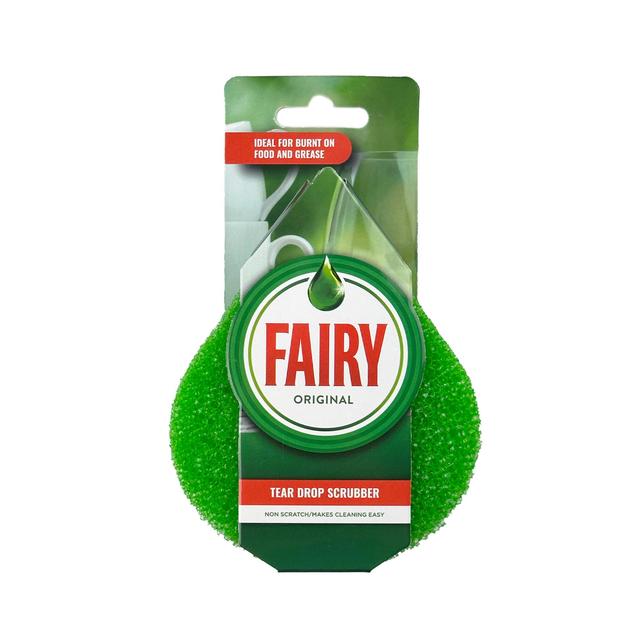 Green tear drop-shaped scrubber with a textured surface, featuring a prominent red and white "Fairy" logo, designed for non-scratch cleaning of burnt food and grease.