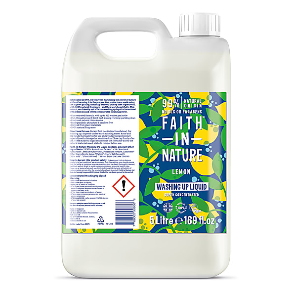 Clear plastic container with a handle, featuring a vibrant blue and green label adorned with lemon graphics, indicating "Faith in Nature Lemon Washing Up Liquid - 5L."