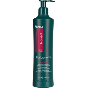 Green plastic bottle with a pump dispenser, labeled "No Red" by Fanola, specifically for brunettes, featuring a sleek design and 350 ml capacity.