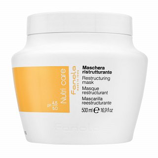 White jar with a yellow label, labeled "Nutri Care" and "Maschera ristrutturante," containing 500ml of restructuring hair mask by Fanola.