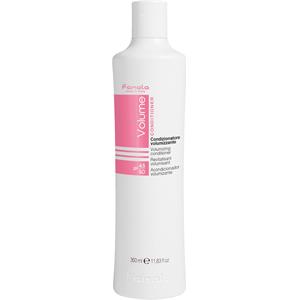 White bottle of Fanola Volumizing Conditioner, 350ml, featuring a pink label with the word "Volume" and sleek, minimalist design.