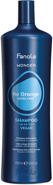Tall blue bottle of Fanola Wonder No Orange Shampoo, featuring a prominent blue label with white text, designed to eliminate brassy tones in lightened brunette and brown hair.
